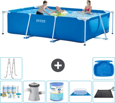 Produktbild von Intex-Schwimmbecken mit rechteckigem Rahmen – 300 x 200 x 75 cm – Blau – im Lieferumfang enthalten Wartungspaket - Filterpumpe für Schwimmbad - Filter - Bodenplane - Solarmatte - Leiter