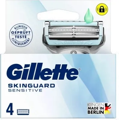 A product package for Gillette SkinGuard Sensitive razor cartridges.