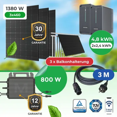 Produktbild von Balkonkraftwerk 1380W 3x460W Bifazial Glas-Glas + 4,48kWh Marstek B2500D Speicher + Marstek M2-800 inkl. Balkonhalterung, Komplettset App, WiFi