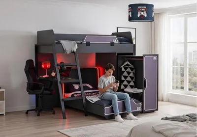 Image de Lit superposé pour adolescents aux accents modernes et éclairage LED