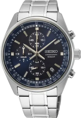 A close-up studio shot of a men's chronograph watch with a blue dial and silver metal band.