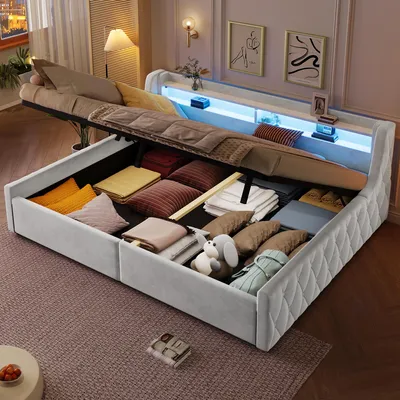 Produktbild von Merax Tagesbett 140x200 cm, Daybett Polsterbett mit hydraulischem Stauraum, LED-Kopfteil, Samtbezug für Jugendzimmer und Gästezimmer, Beige