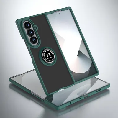 Image de Etui pour Samsung Galaxy Z Fold 7 étui TPU translucide mat avec porte-anneau et support vert foncé