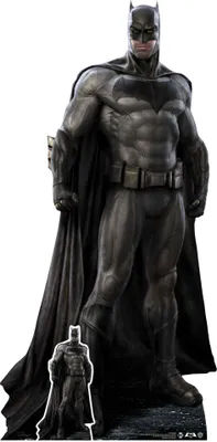 A cardboard cutout of Batman from Batman v Superman: Dawn of Justice, with a smaller cutout of the same character in the foreground.