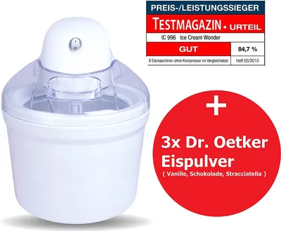 Produktbild von Perfect Mix Eismaschine Eiscreme Maschine 4in1( Speiseeismaschine Speiseeisbereiter, Sorbet Maschine, Frozen Yoghurt Maschine, Eiswürfelbehälter ), 1,2 L, Eisherstellung 15 min. + 3x Speiseeispulver ()