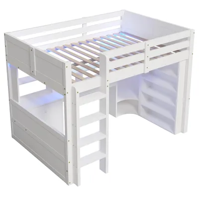 Produktbild von Hochbett, 140×200 cm, mit LED-Leuchten, Kleiderschrank, Schreibtisch, Schubladen & Staufächern, ohne Matratze, Weiß