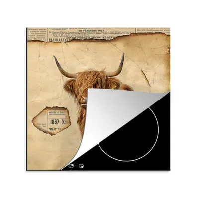 Produktbild von KitchenYeah© Herdabdeckplatte Schottischer Highlander - Vintage - Kuh , 78x78cm, Küche Deko, Glaskeramikkochfeld Herdabdeckung, Abdeckplatte fùr Kochfeld
