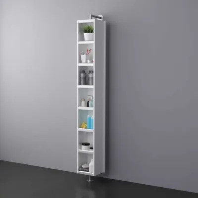 Produktbild von Drehbarer Hochschrank mit offenen Fächer und Spiegel, weiße Holzoptik | Manhattan