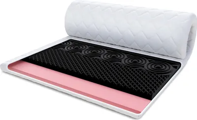 A cross-section view of a mattress topper, showing its layered construction.