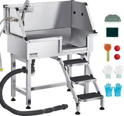 Produktbild von VEVOR Hundewaschstation aus Edelstahl, 870x488x1025 mm Tierpflegewanne mit Ablagetreppe, Wasserhahn, Duschkopf & Seifenhalter, Hundebadewanne, für mittelgroße & kleine Haustiere (rechte Tür)