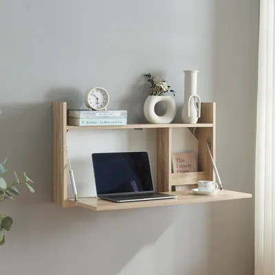 Zdjęcie produktu dla Składane biurko "Rautalampi" z półką i 2 przegrodami 83 x 48 x 15 cm Biały / dąb