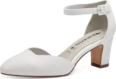 A single white women's shoe with an ankle strap and block heel, presented on a white background.