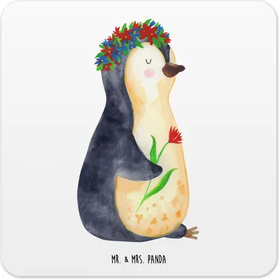 Produktbild von Mr. & Mrs. Panda Tischuntersetzer Pinguin Blumen 15er Set - Weiß - Geschenk, Geschenkidee, Universum, Glas-Untersetzer, coaster, Blumenkranz, Blumenliebe, Wunderschön