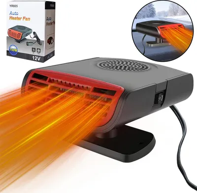 A car heater fan is shown with orange heat waves emanating from it, suggesting its function. A smaller inset image shows the product in a car dashboard setting.