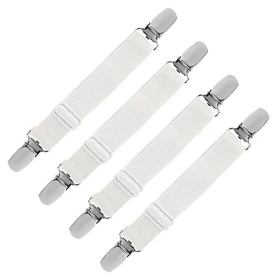 Four white elastic straps with silver clips, arranged diagonally on a white background.