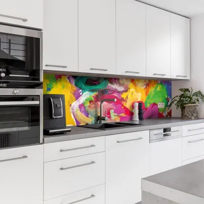 Produktbild von Dedeco Küchenrückwand Motiv: Kunst V1, 3mm Aluminium Alu-Platten als Spritzschutz Küchenwand Verbundplatte wasserfest, inkl. UV-Lack matt, alle Untergründe, 260 x 60 cm