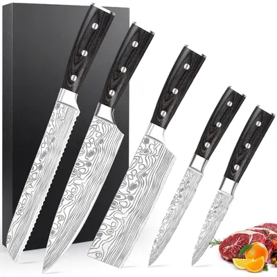 Produktbild von Küchenmesserset 5-teilig mit Koch-, Brot-, Nakiri-, Allzweck- und Schälmesser, Hochkohlenstoff Edelstahl, Holzgriff, Wetzstahl