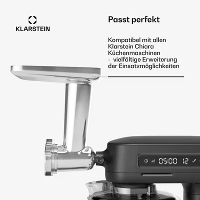 Produktbild von Klarstein Chiara Fleischwolf Küchenmaschinen-Zubehör – Vielseitiger Fleischwolf, Edelstahl, 4 Klingen, 3 Schneidplatten, Einfache Wurstzubereitung, Kompatibel mit Chiara Küchenmaschine