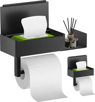 Produktbild von Toilettenpapierhalter mit Feuchttücherbox – Ohne Bohren, Edelstahl, Anti-Fingerabdruck, Matt Schwarz, Klopapierhalter mit Ablage für Badezimmer