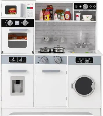 Imagen del producto de Cocina de juguete, cocina infantil con dispensador de agua, fregadero, grifo, microondas, horno, cafetera, lavadora, utensilios, juego de cocina con sonidos y luces para niños a partir de 3 años