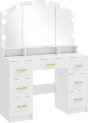 Produktbild von Schminktisch mit Spiegel, 10 LED-Leuchten, 7 Schubladen, weißes MDF