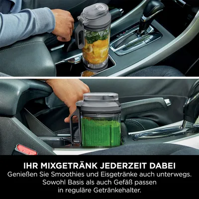 A portable blender is shown in a car's cup holder, with one image showing ingredients and another showing a finished smoothie.
