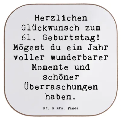 Produktbild von Mr. & Mrs. Panda Untersetzer für Gläser Spruch 61. Geburtstag Glückwünsche - Weiß - Geschenk, gläseruntersetzer, Happy Birthday, Meilenstein, Tischuntersetzer, Tassen