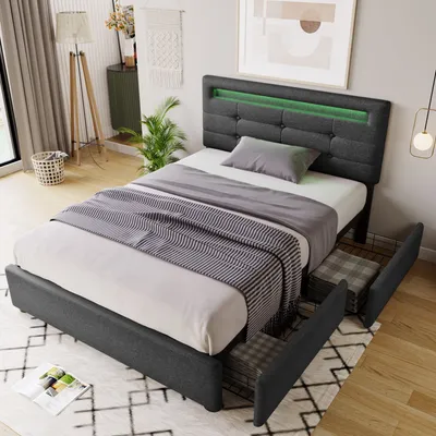 Produktbild von Grau 90x200cm Polsterbett Mit LED-Beleuchtung und Schubladen Höhenverstellbarem Kopfteil Doppelbett Hausbett Stauraumbett (ohne Matratze)