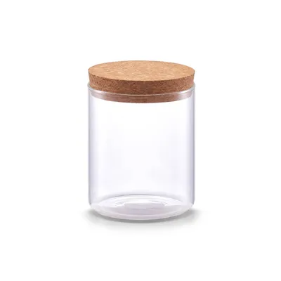 A clear glass jar with a cork lid, isolated on a white background.