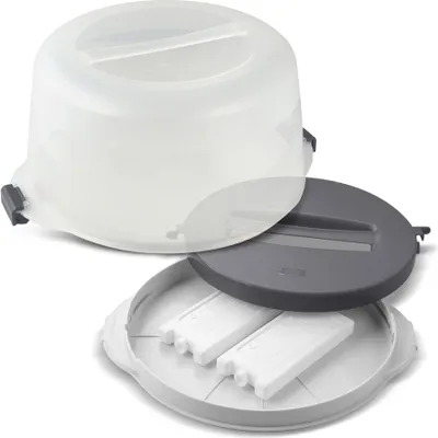 Produktbild von Dr. Oetker Kuchentransportbox Ø 38 x 19 cm BAKE & GO, für alle gängigen Kuchengrößen, Party- und Tortenbutler mit Tragehenkel, inklusive Akkus (Farbe: Transparent/Rot), Menge: 1 x 3er Set