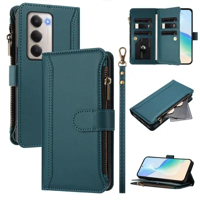 Image de Etui pour Xiaomi Redmi 15 4G, zippé, étui portefeuille en cuirPolyuréthaneavec poches pour cartes, support et boucle pour la main vert