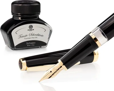 Produktbild von Füllhalter Set Cleo Skribent Classic Gold Schwarz, Kolben-Füllhalter und 30 ml Tinte Schwarz