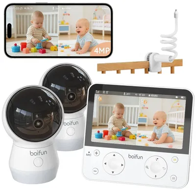 Image de Babyphone vidéo BOIFUN avec écran divisé et 2 caméras, écran HD 4MP de 5,5 pouces avec support, vision nocturne, connexion Wi-Fi 360°, application mobile, lecteur de musique et veilleuse colorée