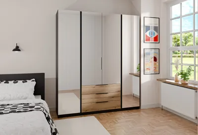 Image de BEAUTYSOFA Armoire à portes battantes KAYA XIV 200 cm, armoire avec grand miroir et tiroirs (couleur : noir+chêne Evoke)