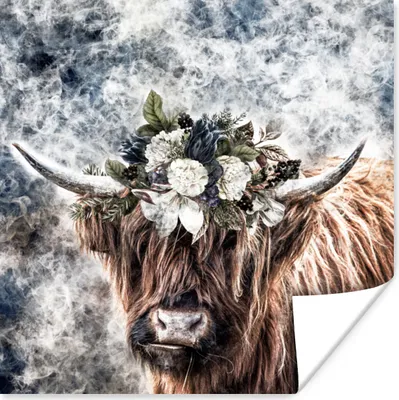 Produktbild von MuchoWow® Poster Schottisches Hochlandrind - Tiere - Blumen 75x75 cm - Wand Dekoration