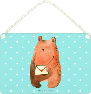 Produktbild von Mr. & Mrs. Panda Holzschild Bär Liebesbrief DIN A4 - Blau Pastell - Geschenk, Liebeskummer, Schild, Freund, Teddy, Wandbild Holz, Freundin, Türschild, Sehnsucht, Deko