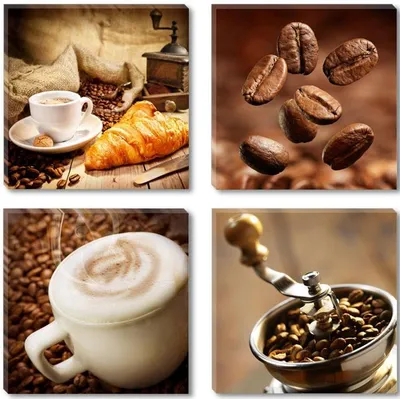 Produktbild von Visario Leinwandbild Kaffee 60x60 cm – 4-teilig, Bild Wandbild Kunstdruck, aufhängfertig, Echtholzrahmen, Zackenaufhänger, Art. 6603