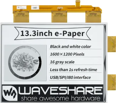 Produktbild von WaveShare 13.3inch e-Paper e-Ink Raw Display, 1600×1200, Black / White, 16 Grey Scales, Parallel Port, Without PCB