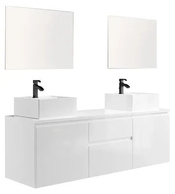 Produktbild von Waschbeckenunterschrank mit Doppelwaschbecken und Spiegeln - Weiß - 150 cm - JIMENA II