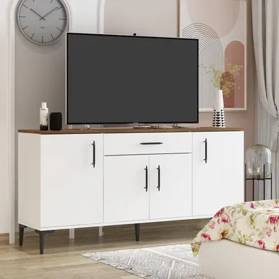 Image de HOMIDEA LAURA : Meuble de rangement – Commode – Buffet – Meuble TV avec 4 portes et 1 tiroir, design moderne, dimensions : 160 x 78,6 x 40 cm (blanc/chêne)