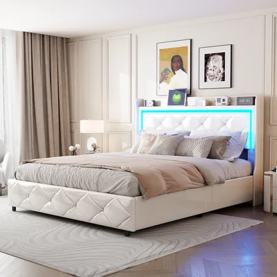 Immagine prodotto di Letto imbottito Fortuna Lai 140x200 cm, letto matrimoniale con contenitore idraulico, 2 porte di ricarica USB e Type-C, ecopelle, bianco