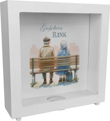 Produktbild von Großeltern auf einer Bank Rahmen Spardose aus Holz