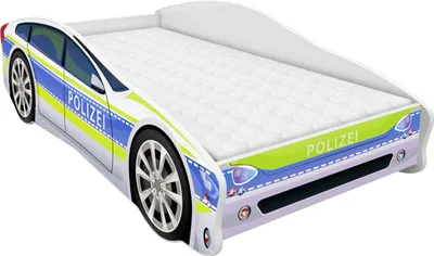 A child's bed designed to look like a police car.