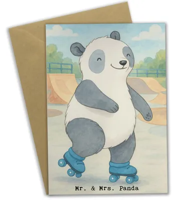 Produktbild von Mr. & Mrs. Panda Grußkarte Panda Inliner fahren Design - Weiß - Geschenk, osterkarte, neujahrskarte, hochzeitskarten, Inlinern, einladungskarten, Rollschuh
