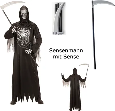 Produktbild von Herren Kostüm Sensenmann mit Kette + Maske mit Sense Halloween Kostümset XXL - 56/58