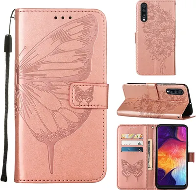 Produktbild von Galaxy A50 Hülle, Schmetterling Prägung Flip Leder Kartenfächer Schutzhülle Ledertasche mit Ständer für Samsung Galaxy A50 / A30S / A50S Roségold