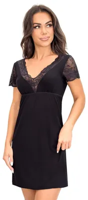 Produktbild von Donna Damen elegantes kurzes Nachthemd/Negligee mit Spitze, Kurzarm Schwarz Spitze, Gr. 38
