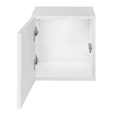 A white cabinet with its door open, showing the interior.