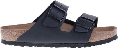 A side view of a black Birkenstock sandal.