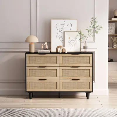 Image de AIORBER Commodes, rotin,6 tiroirs,style cottage antique,beaucoup d'espace de rangement,sideboard, convient pour chambre à coucher,salon,110x40x75cm, couleur naturelle